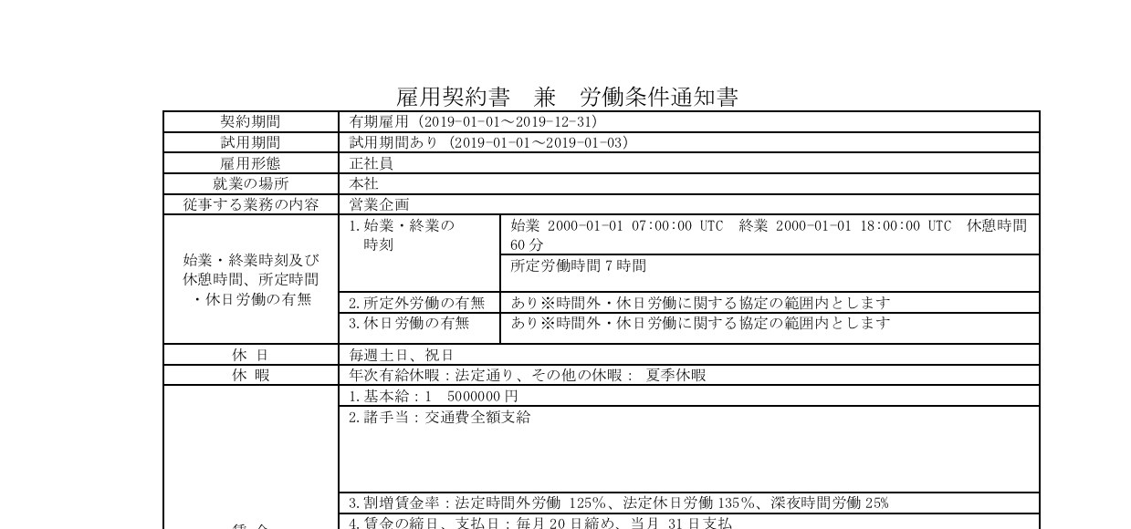 生成された雇用契約書兼労働条件通知書（Word）の冒頭部分